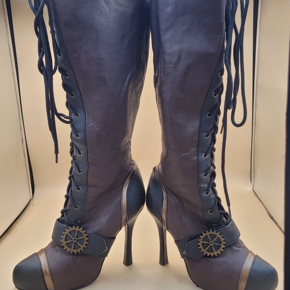 Ellie brown 4" Heels womens Steampunk knee boots Size 8 Grunge Goth Zip And Tie - Picture 5 of 15